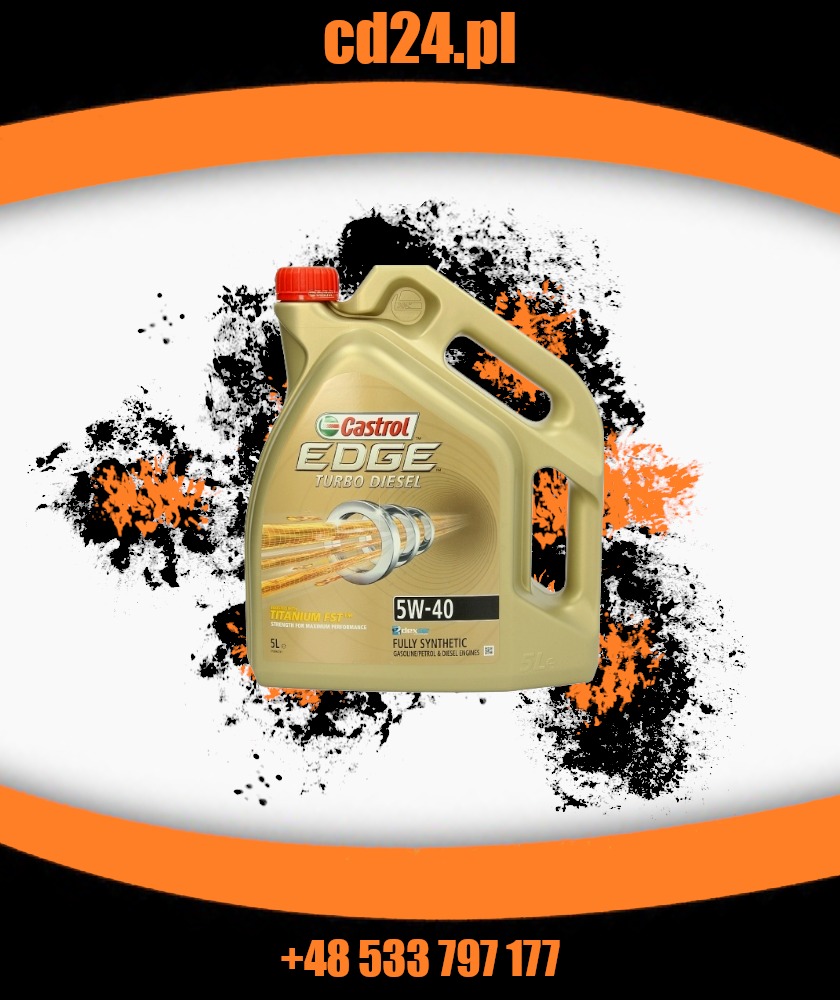Kanister oleju silnikowego Castrol Edge Turbo Diesel 5W-40 na abstrakcyjnym, pomarańczowo-czarnym tle.