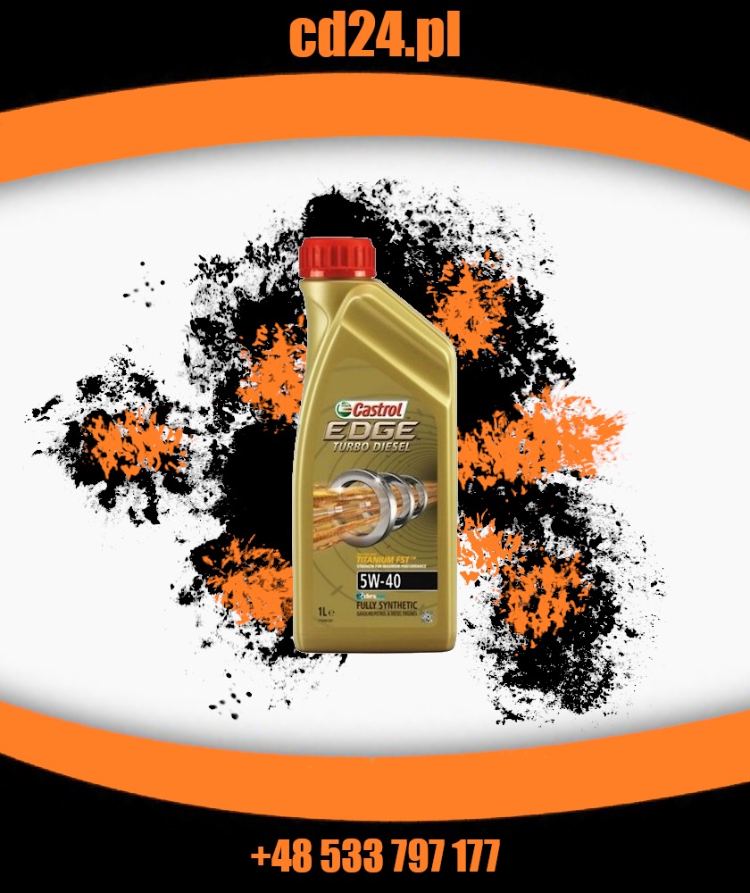 Butelka oleju silnikowego Castrol Edge Turbo Diesel 5W-40 na abstrakcyjnym tle z pomarańczowo-czarnymi plamami, otoczona pomarańczowymi pasami z adresem strony i numerem telefonu.