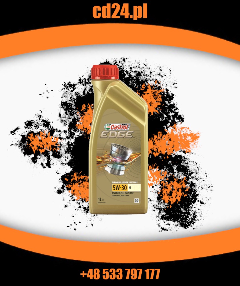 Butelka oleju silnikowego Castrol Edge 5W-30 na abstrakcyjnym tle z pomarańczowymi i czarnymi plamami, otoczona pomarańczową ramą z tekstem cd24.pl i numerem telefonu.