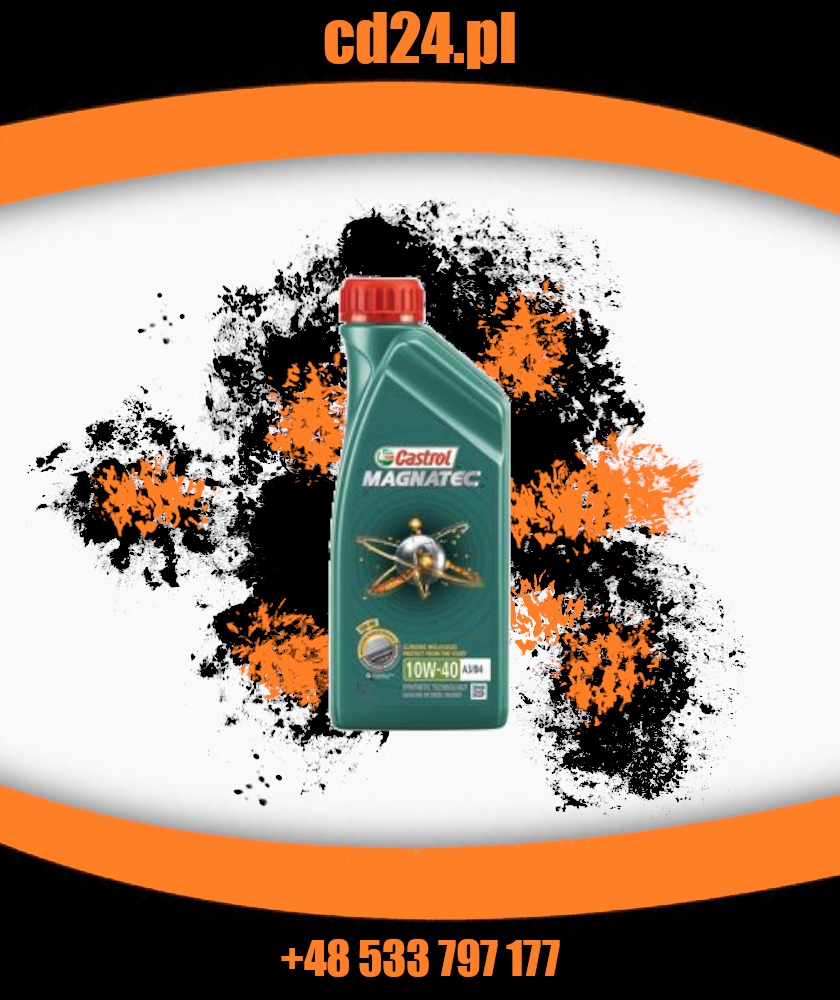 Butelka oleju silnikowego Castrol Magnatec 10W-40 A3/B4 na abstrakcyjnym tle z pomarańczowo-czarnymi plamami.