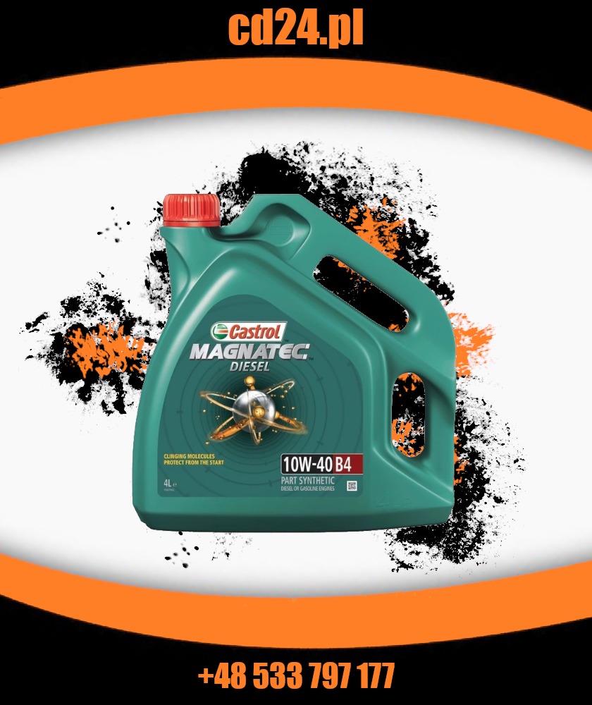 Zielony kanister oleju Castrol Magnatec Diesel 10W-40 B4 na tle abstrakcyjnych plam i pomarańczowych elementów graficznych.