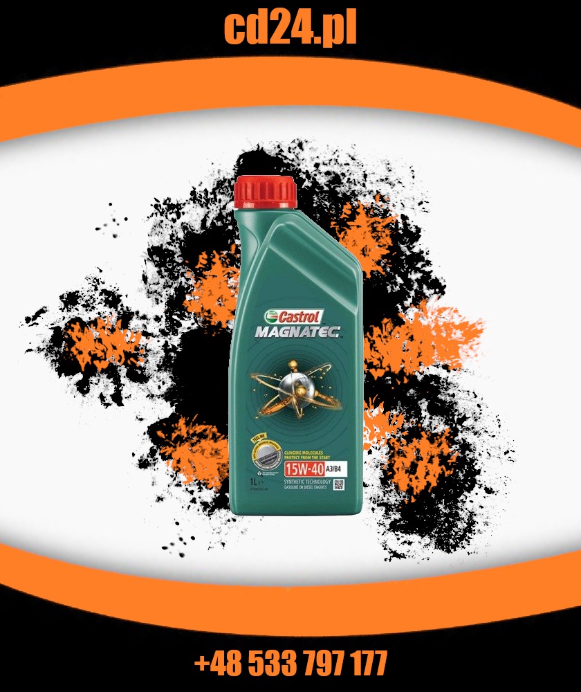 Butelka oleju silnikowego Castrol Magnatec 15W-40 A3/B4 na abstrakcyjnym tle z pomarańczowymi i czarnymi plamami.