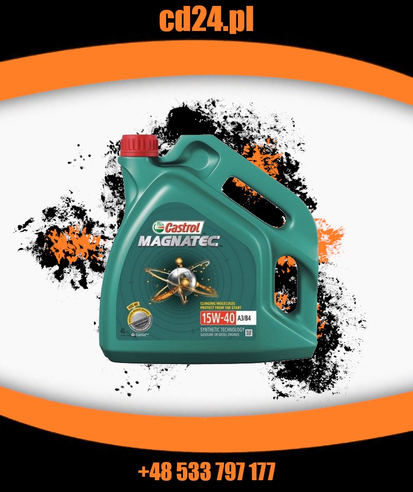 Plastikowy kanister zielonego oleju silnikowego Castrol Magnatec 15W-40 A3/B4 na abstrakcyjnym tle z pomarańczowymi akcentami i numerem telefonu.