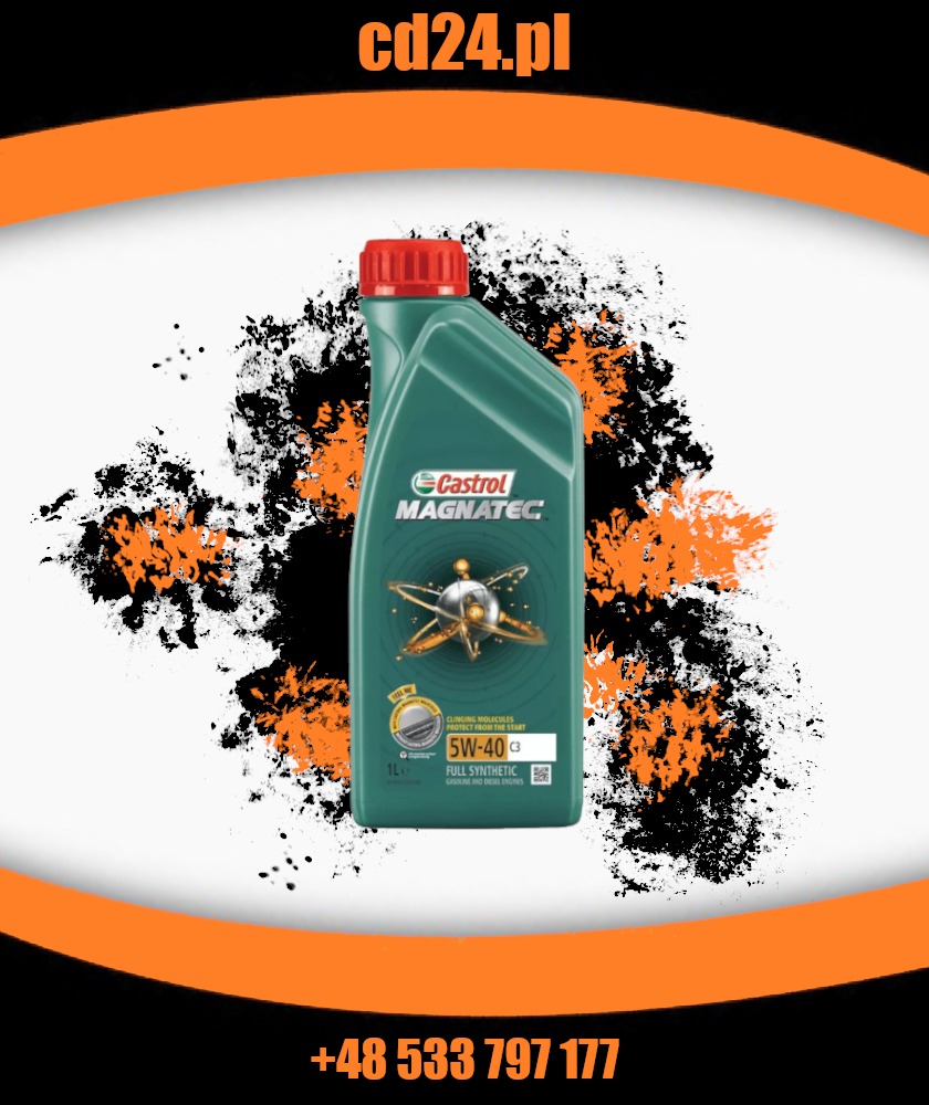 Butelka oleju silnikowego Castrol Magnatec 5W-40 C3 na abstrakcyjnym, pomarańczowo-czarnym tle z logo cd24.pl i numerem telefonu.