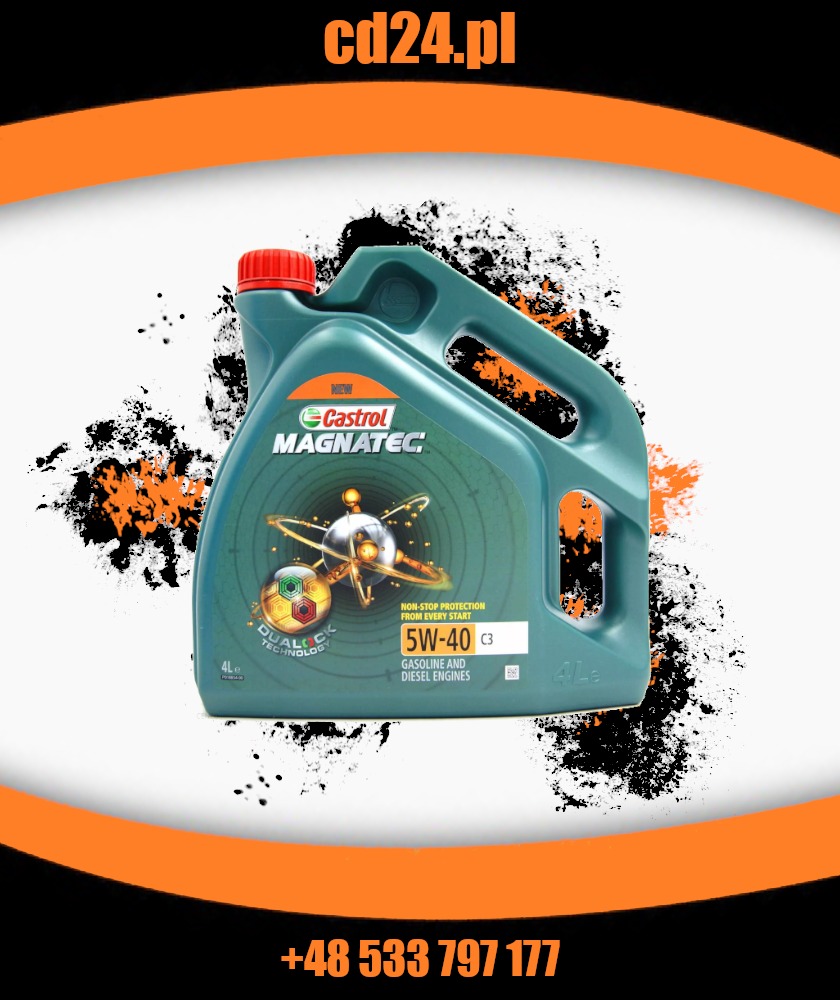 Kanister oleju silnikowego Castrol Magnatec 5W-40 C3 na abstrakcyjnym tle z pomarańczowymi akcentami.