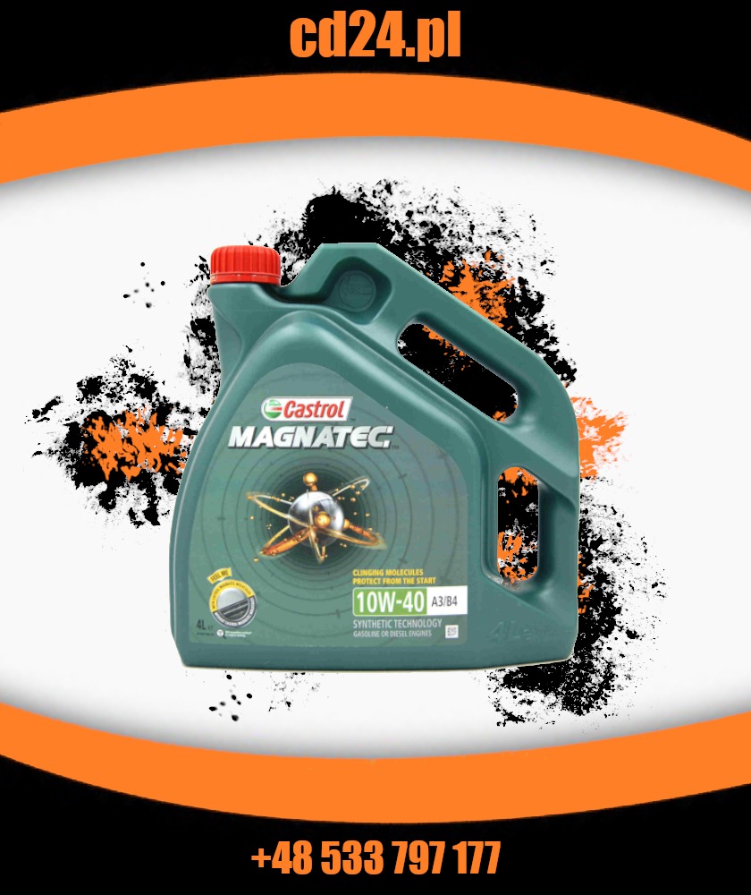 Zielony kanister oleju silnikowego Castrol Magnatec 10W-40 A3/B4 na abstrakcyjnym tle z pomarańczowymi i czarnymi plamami.