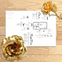 Plan 2D mieszkania z rozmieszczeniem instalacji, prezentowany na białym arkuszu z dwoma złotymi różami na drewnianym tle.