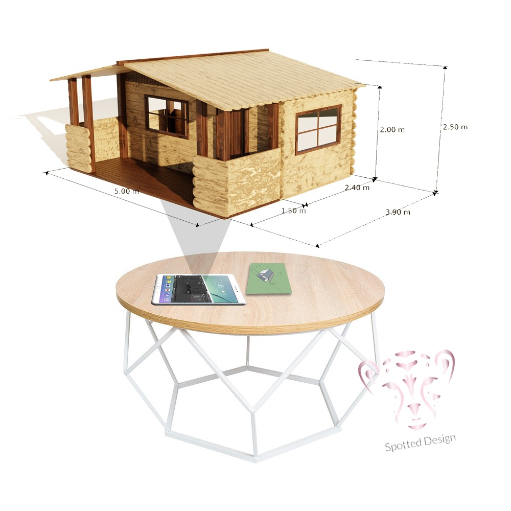 Wizualizacja 3D domku letniskowego z wymiarami, wyświetlana na tablecie i karcie graficznej na okrągłym stoliku kawowym z białymi nogami.