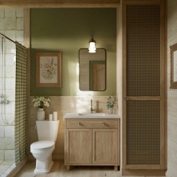 Marta Rudnicka (Rudnicka Interiors) - Urocza łazienka w stylu farmhouse z zieloną ścianą, drewnianą szafką pod umywalką, prysznicem z kratkowaną zasłoną i toaletą. Dwa obrazy botaniczne w złotych ramach.