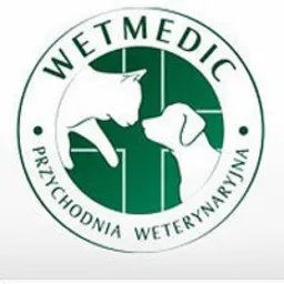Logo przychodni z sylwetkami psa i kota wewnątrz zielonego okręgu z krzyżem, otoczone napisem 'WETMEDIC Przychodnia Weterynaryjna'.