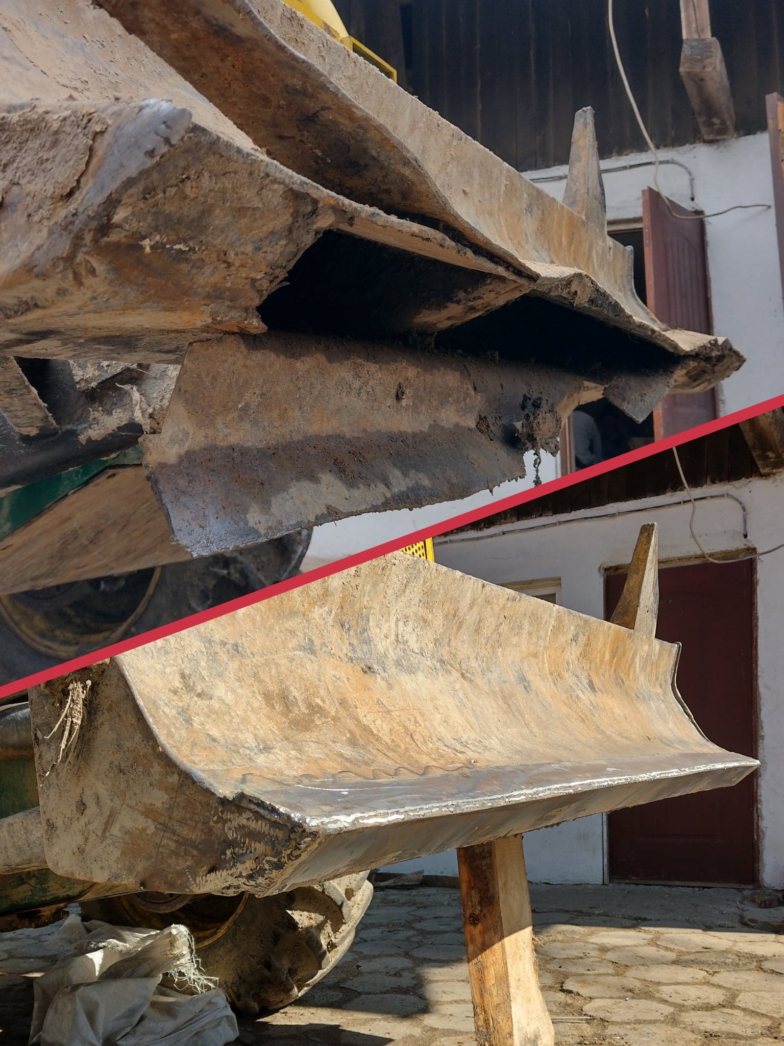 Dwie perspektywy zużytej łyżki koparki: górna ukazuje detale zniszczeń i resztki ziemi, dolna prezentuje świeżo spawane krawędzie, całość na tle budynku gospodarczego.