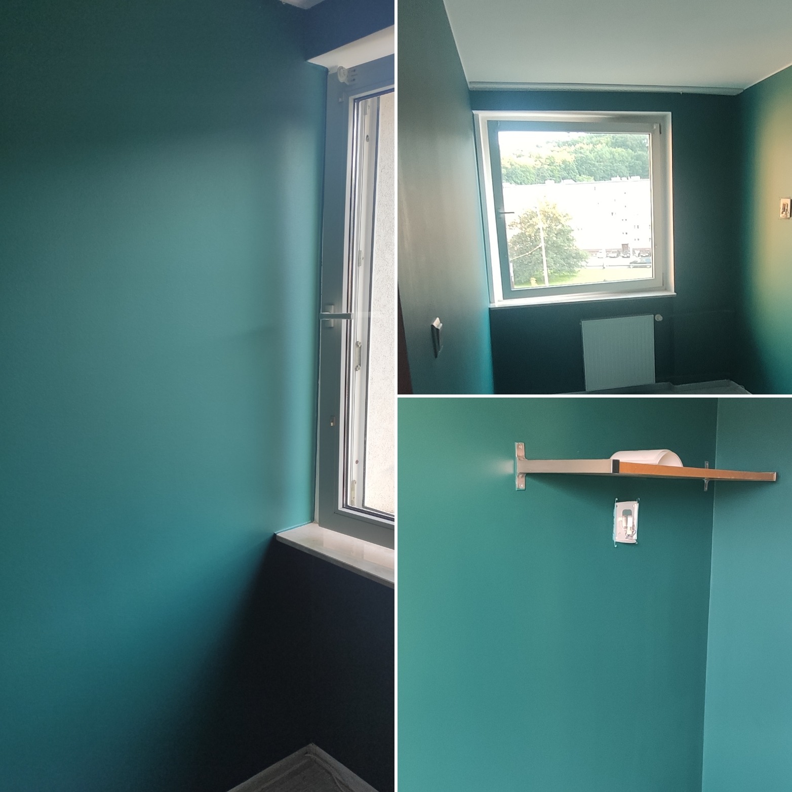 Ściana pomalowana na turkusowo, widok na okno, grzejnik, fragment półki z rolką papieru i gniazdko elektryczne w trakcie montażu.