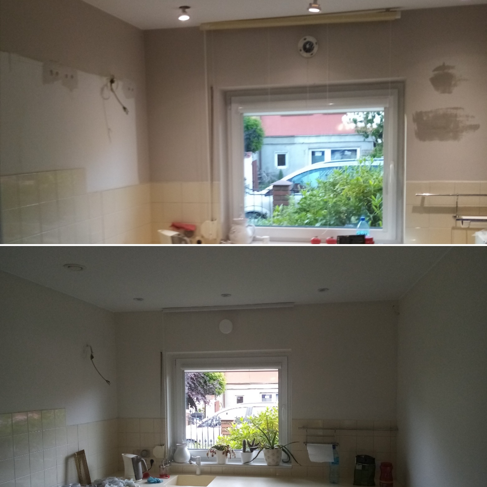 Kuchnia przed remontem: ściany z częściowo usuniętą tapetą, widoczne ślady po gładzi, odsłonięte przewody, okno z widokiem na zieleń.