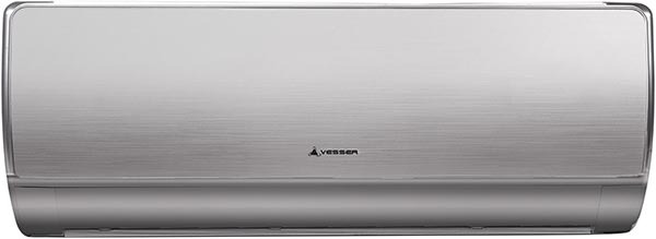 Nowoczesny klimatyzator ścienny marki Vesser z metalicznym wykończeniem obudowy.