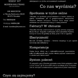 Czarno-biała reklama biura rachunkowego Modern Solutions z Wrocławia, prezentująca logo z trzema książkami i dane kontaktowe, podkreślająca zalety takie jak spotkania online, fakturowanie w chmurze...