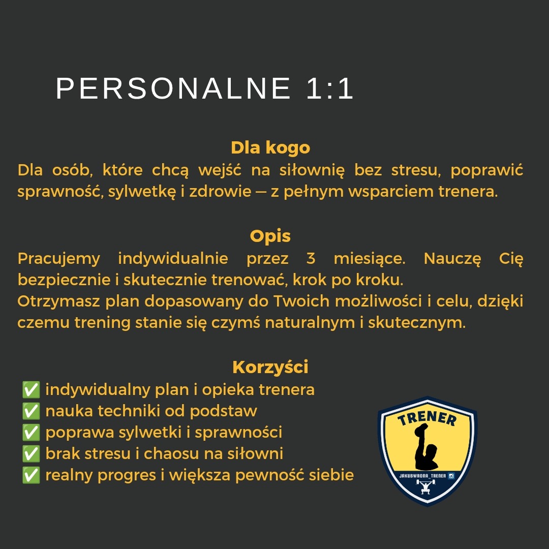 Grafika z ofertą treningów personalnych 1:1. Opisuje korzyści: indywidualny plan, nauka techniki, poprawa sylwetki, brak stresu i realny progres. Logo trenera w prawym dolnym rogu.