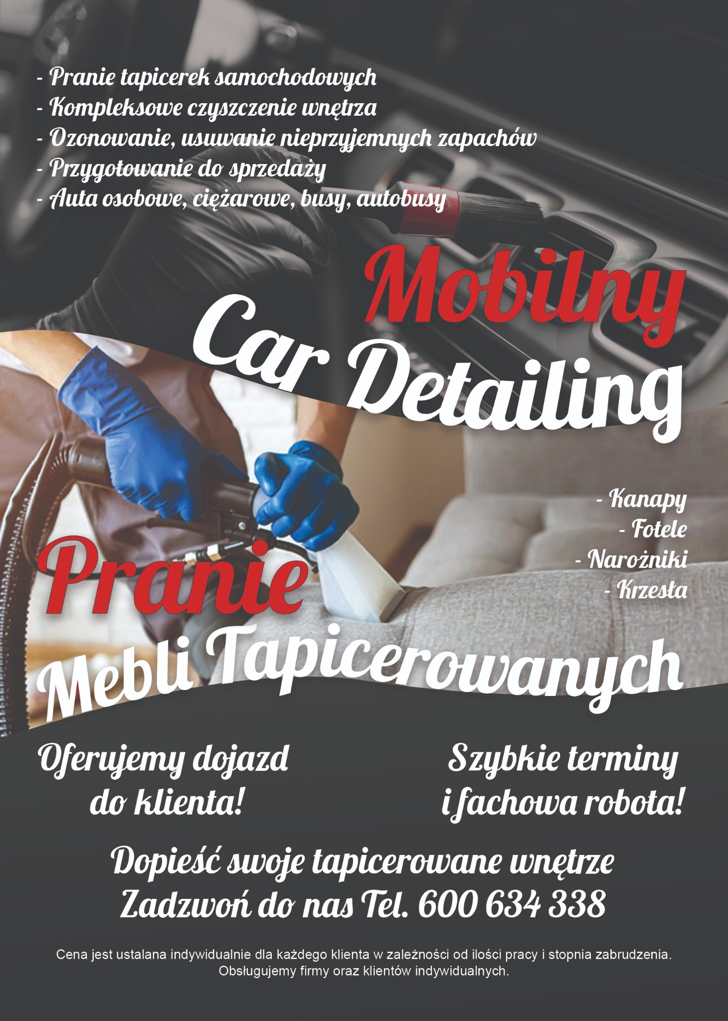 Plakat reklamowy z dłońmi w niebieskich rękawicach czyszczącymi tapicerkę meblową odkurzaczem piorącym, z napisem 'Pranie Mebli Tapicerowanych' i informacjami o ofercie, dojeździe do klienta...