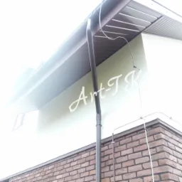 Fragment elewacji budynku z brązową cegłą klinkierową, jasną ścianą i brązowym orynnowaniem, widoczne przewody elektryczne i logo firmy na ścianie.