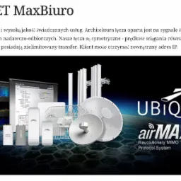 Zestaw urządzeń sieciowych Ubiquiti AirMAX na tle ekranów z danymi, prezentujący anteny, routery i oprogramowanie do zarządzania siecią bezprzewodową.