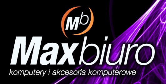 Logo firmy Maxbiuro z pomarańczowym symbolem 'Mb' w okręgu, białym napisem 'Maxbiuro' i podtytułem 'komputery i akcesoria komputerowe' na czarnym tle z fioletowymi, abstrakcyjnymi wzorami.