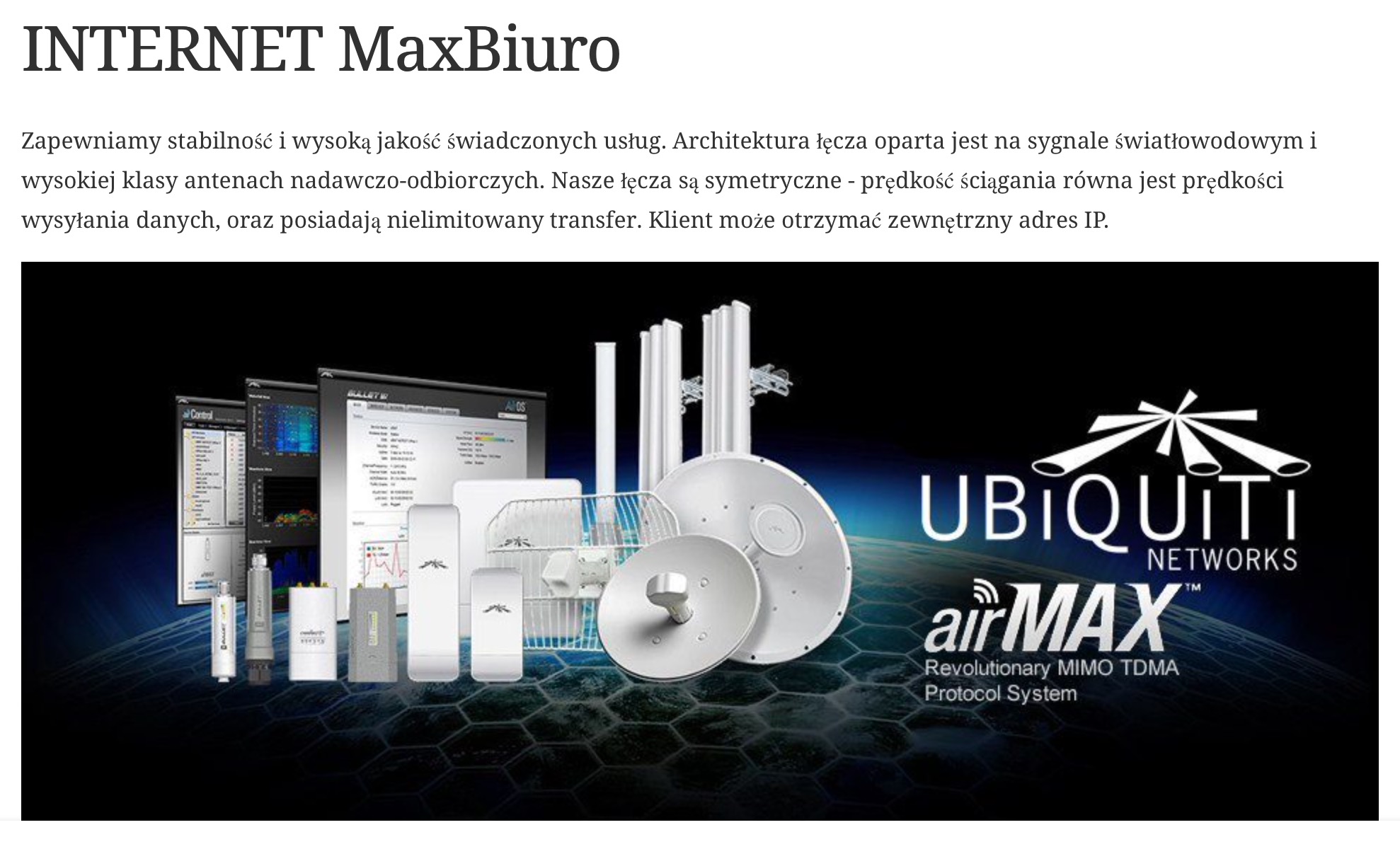 Zestaw urządzeń sieciowych Ubiquiti AirMAX na tle ekranów z danymi, prezentujący anteny, routery i oprogramowanie do zarządzania siecią bezprzewodową.