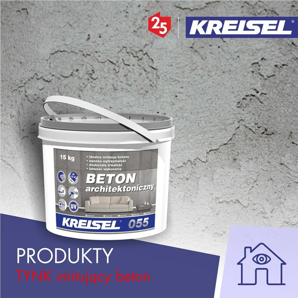Wiadro z tynkiem imitującym beton architektoniczny marki Kreisel, prezentowane na tle ściany o fakturze betonu. Na etykiecie widoczne informacje o produkcie, w tym waga 15 kg i właściwości.