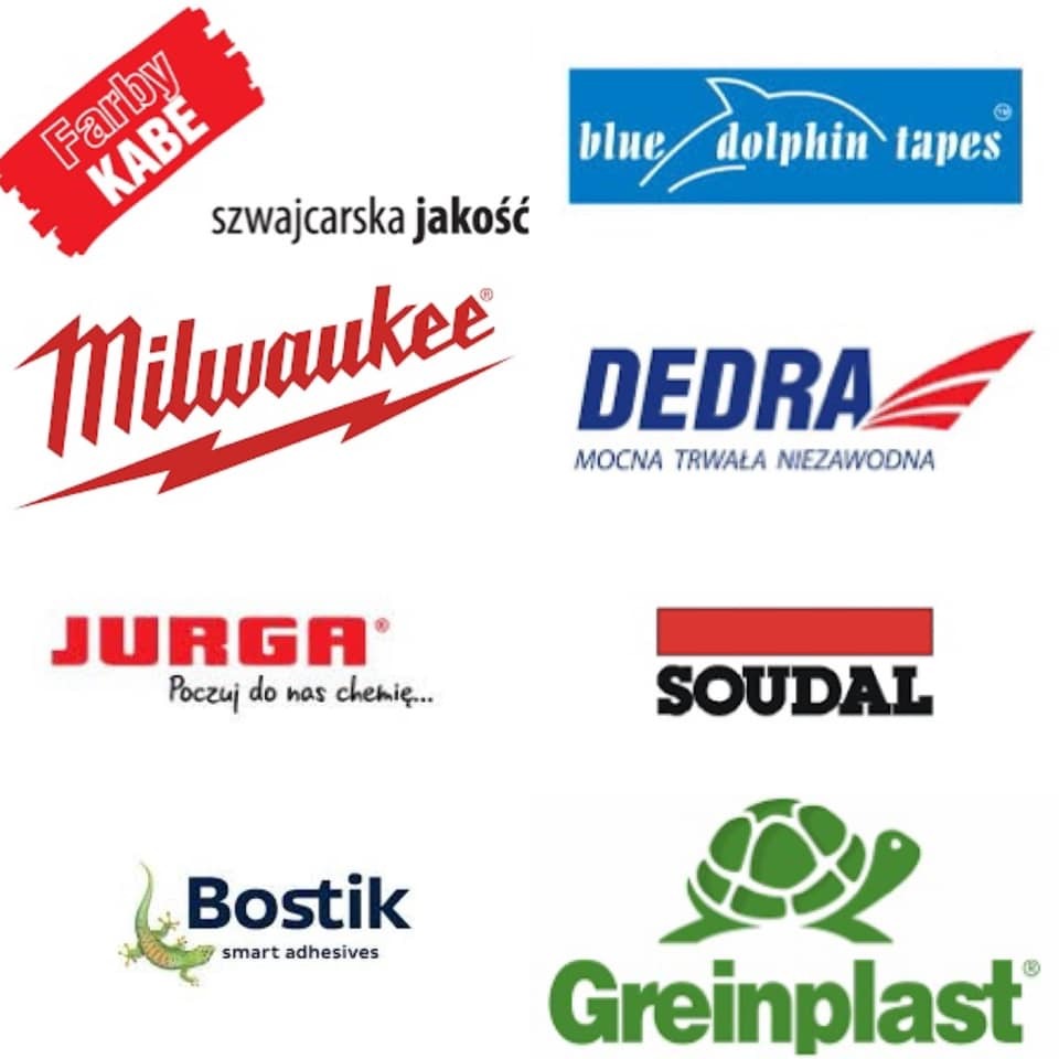 Zestaw logotypów różnych producentów materiałów budowlanych i narzędzi, w tym Farby Kabe, Milwaukee, Dedra, Soudal, Bostik i Greinplast.