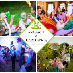 Mozaika zdjęć z imprez dla dzieci: modelowanie balonów, zabawy z chustą animacyjną w sali, taniec z pomponami i puszczanie baniek mydlanych w ogrodzie.