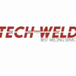 Czerwone logo firmy TECH-WELD z hasłem BEST WELDING SERVICE na białym tle.