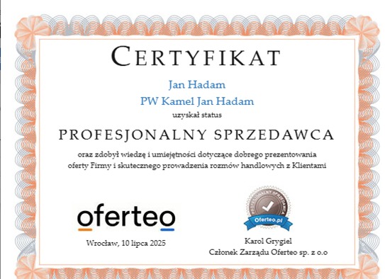 Certyfikat 'Profesjonalny Sprzedawca' dla Jana Hadama od Oferteo, wydany 10 lipca 2025 we Wrocławiu. Dokument z ozdobnymi ramkami i logo Oferteo.