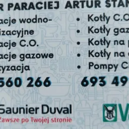 Wizytówka firmy instalacyjnej Kacper Paraciej Artur Stankiewicz oferującej instalacje wodno-kanalizacyjne, C.O., gazowe, klimatyzację, kotły C.O., gazowe, na pellet, na ekogroszek oraz pompy ciepła...