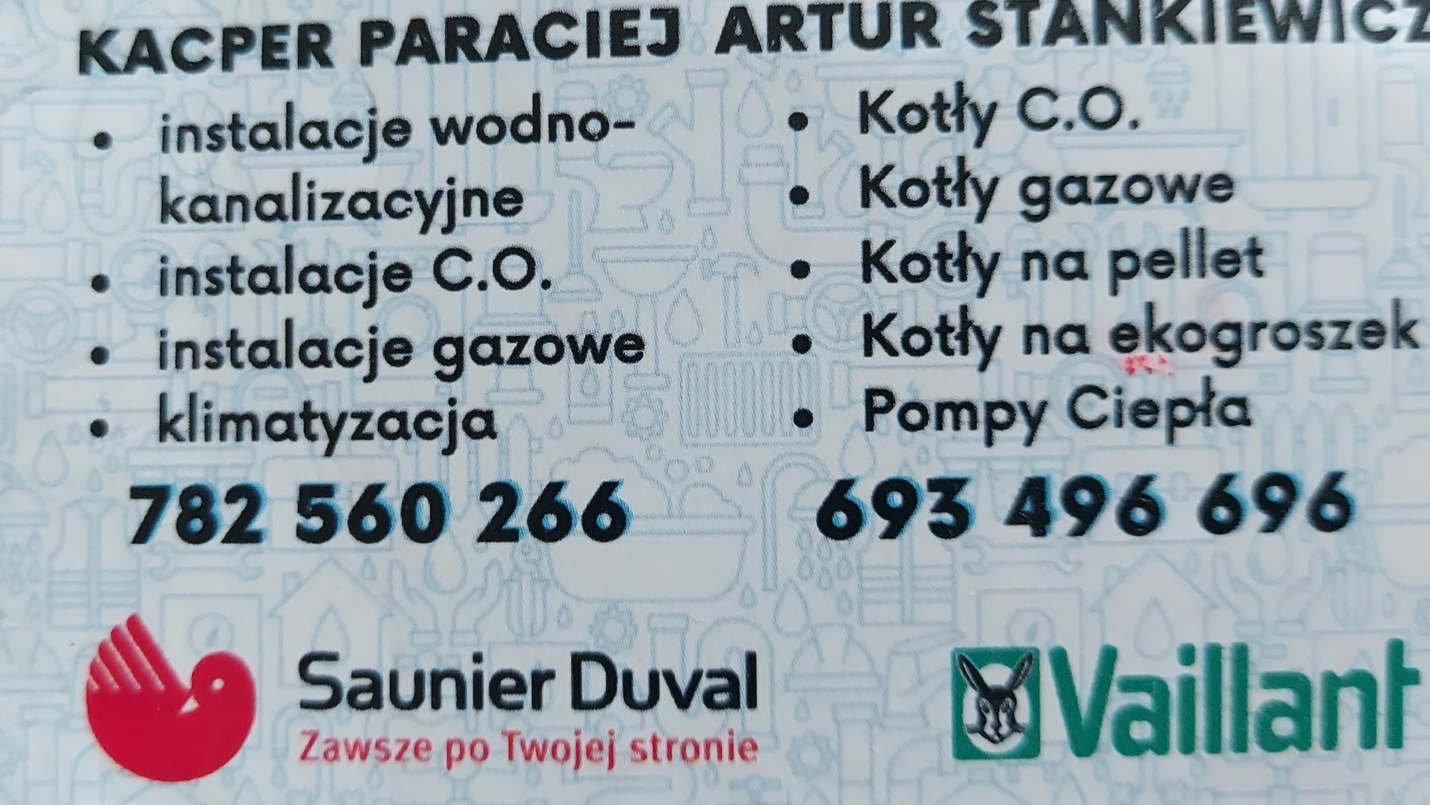 Wizytówka firmy instalacyjnej Kacper Paraciej Artur Stankiewicz oferującej instalacje wodno-kanalizacyjne, C.O., gazowe, klimatyzację, kotły C.O., gazowe, na pellet, na ekogroszek oraz pompy ciepła...