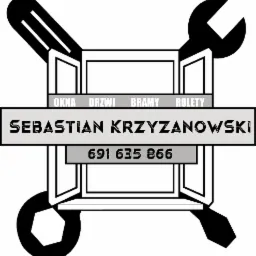 Grafika wektorowa przedstawiająca logo firmy Sebastian Krzyżanowski oferującej okna, drzwi, bramy i rolety, zarys okna otoczonego kluczem francuskim i śrubokrętem, numer telefonu 691 635 866.