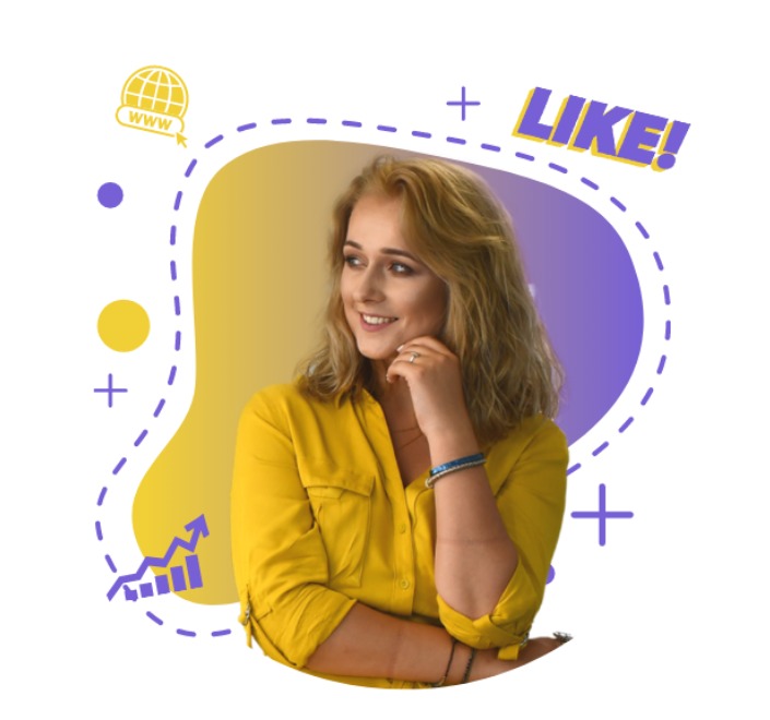 Uśmiechnięta kobieta w żółtej koszuli na graficznym tle z ikonami www, strzałki wzrostu i napisem LIKE!