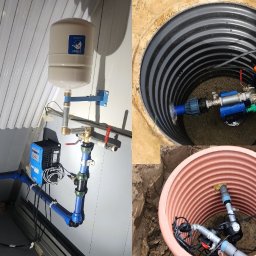 GEOWER Damian Wereszczyński - Kompozycja z różnych etapów budowy studni: wykop, instalacja wewnątrz, hydrofor i pompa ręczna na zewnątrz. Widok na budynek gospodarczy w tle.