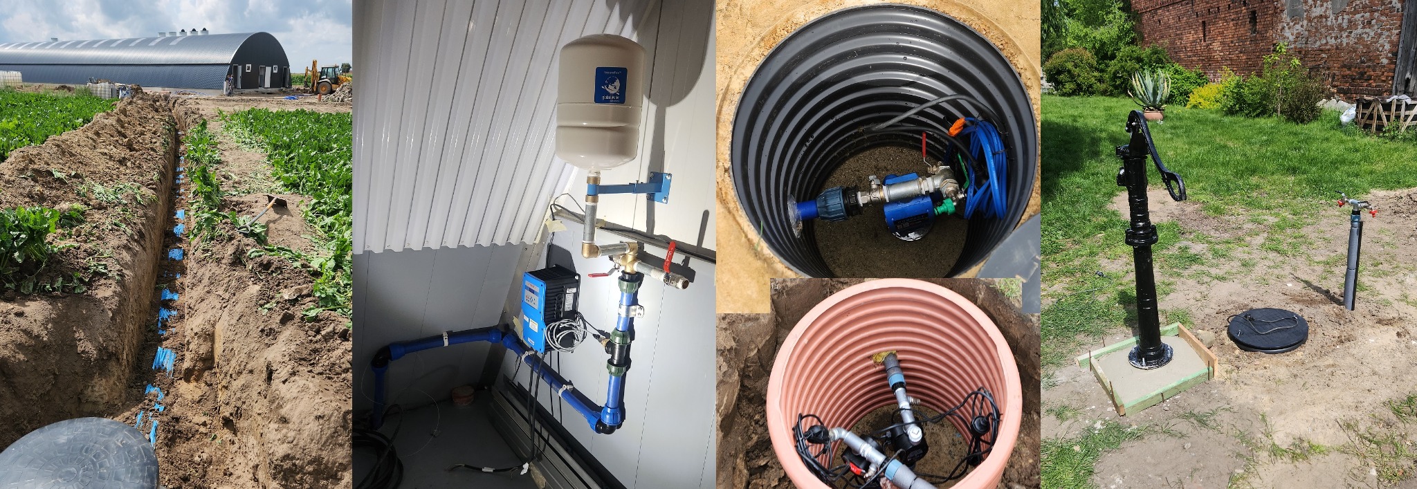 Kompozycja z różnych etapów budowy studni: wykop, instalacja wewnątrz, hydrofor i pompa ręczna na zewnątrz. Widok na budynek gospodarczy w tle.