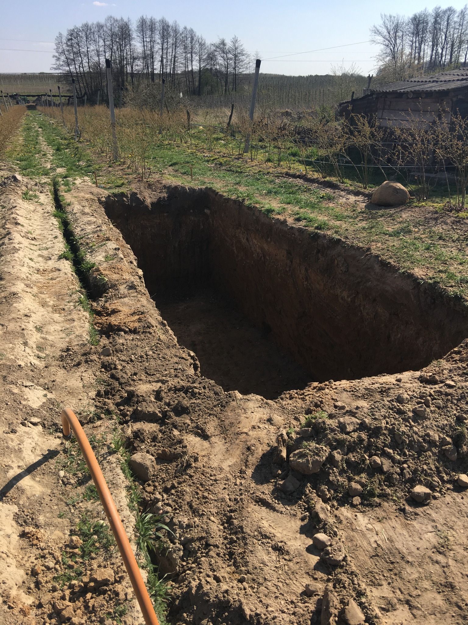 Głęboki wykop w ziemi z widocznymi warstwami gleby, obok ślad po przejeździe koła, w tle drzewa i budynek gospodarczy, grabie opierają się o brzeg wykopu.