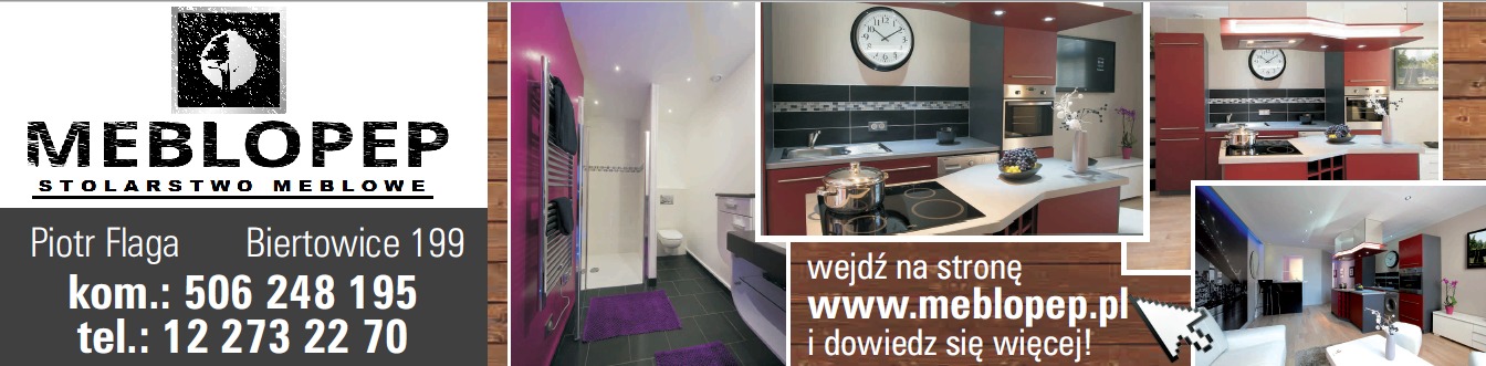 Kolaż zdjęć prezentujących logo firmy MEBLOPEP, aranżację łazienki z fioletowymi akcentami oraz różne ujęcia kuchni z czerwonymi szafkami i białymi blatami, w tym widok ogólny kuchni otwartej...