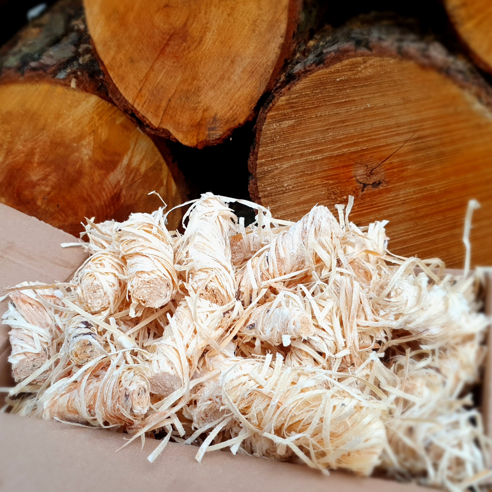 Brykiety z wiórów drzewnych w kartonowym pudełku na tle stosu pociętych kloców drewna opałowego.