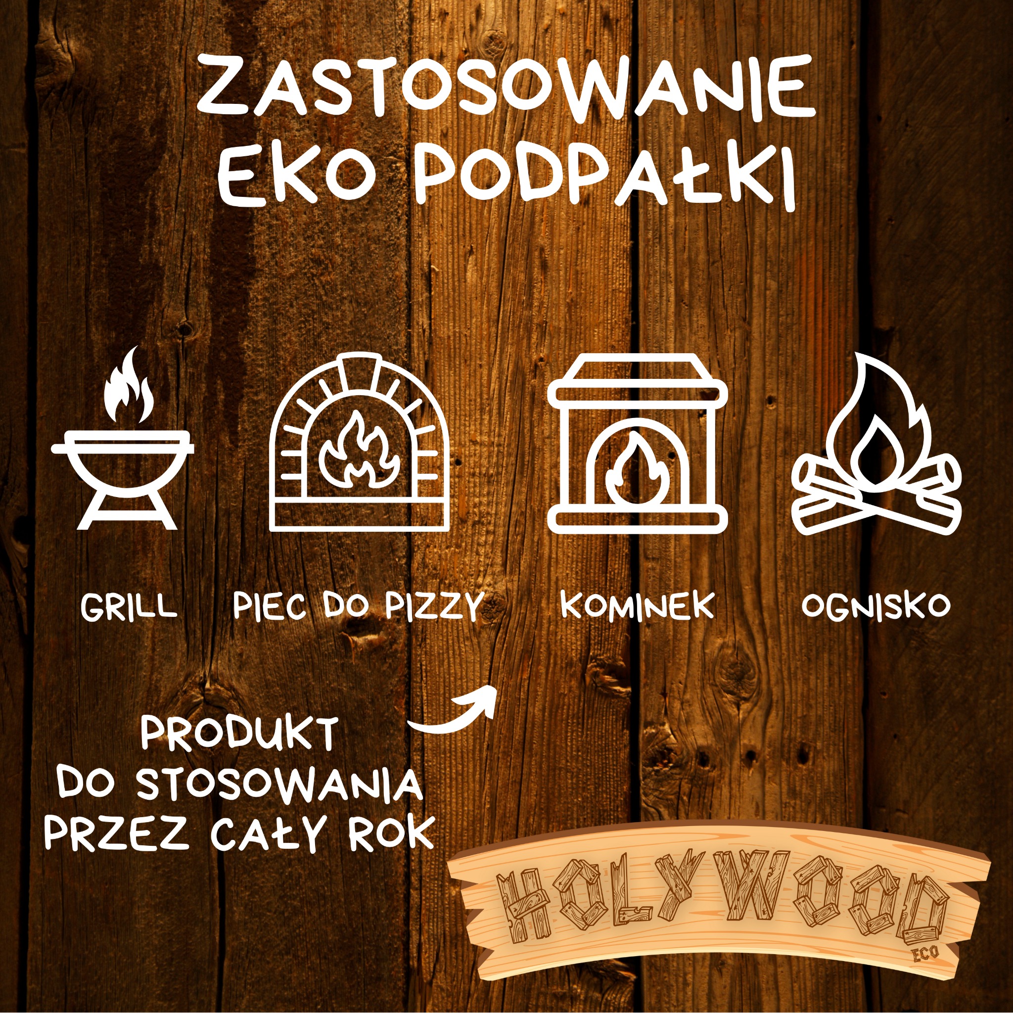 Grafika informacyjna na tle drewnianej ściany prezentująca zastosowanie ekologicznej rozpałki do grilla, pieca do pizzy, kominka i ogniska, z logo firmy Holy Wood.