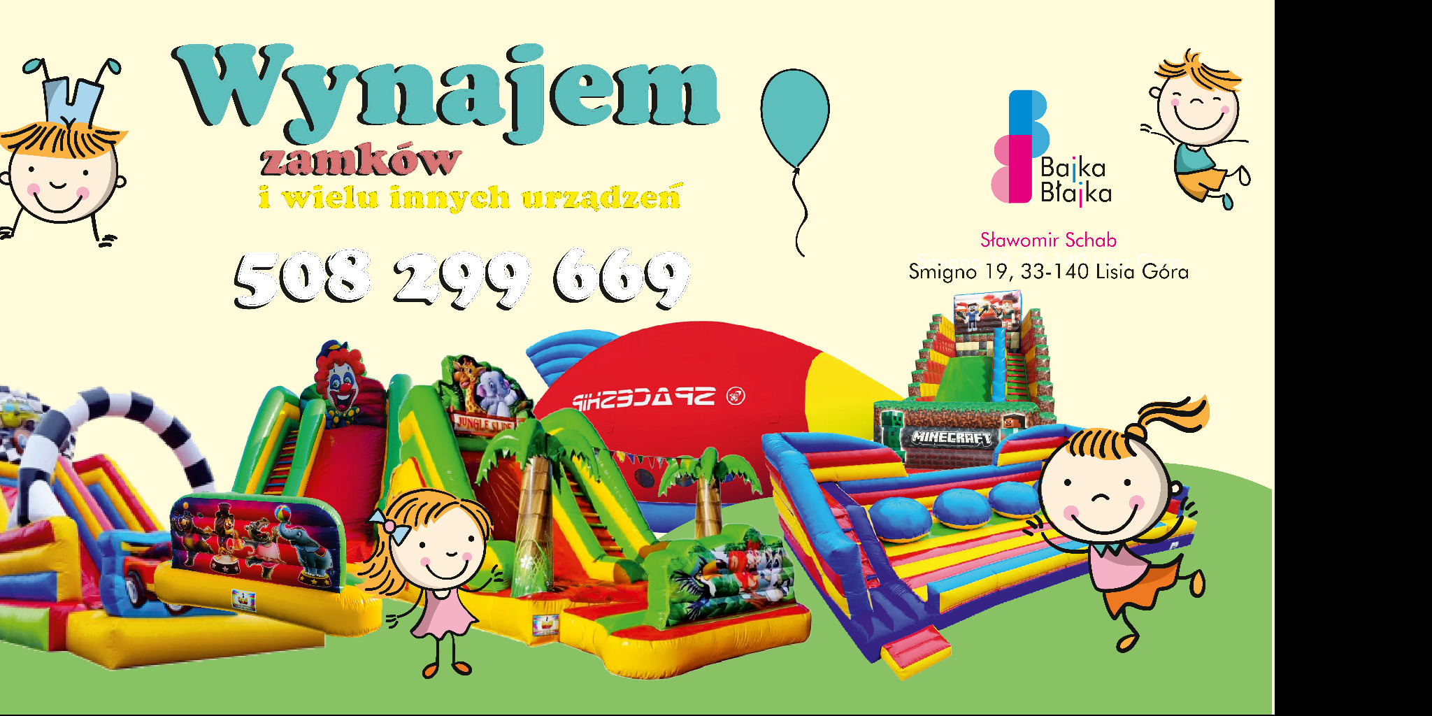 Grafika reklamowa przedstawiająca kolorowe, dmuchane zamki i zjeżdżalnie dla dzieci z motywami klauna, dżungli i Minecrafta, wraz z numerem telefonu i logo firmy.