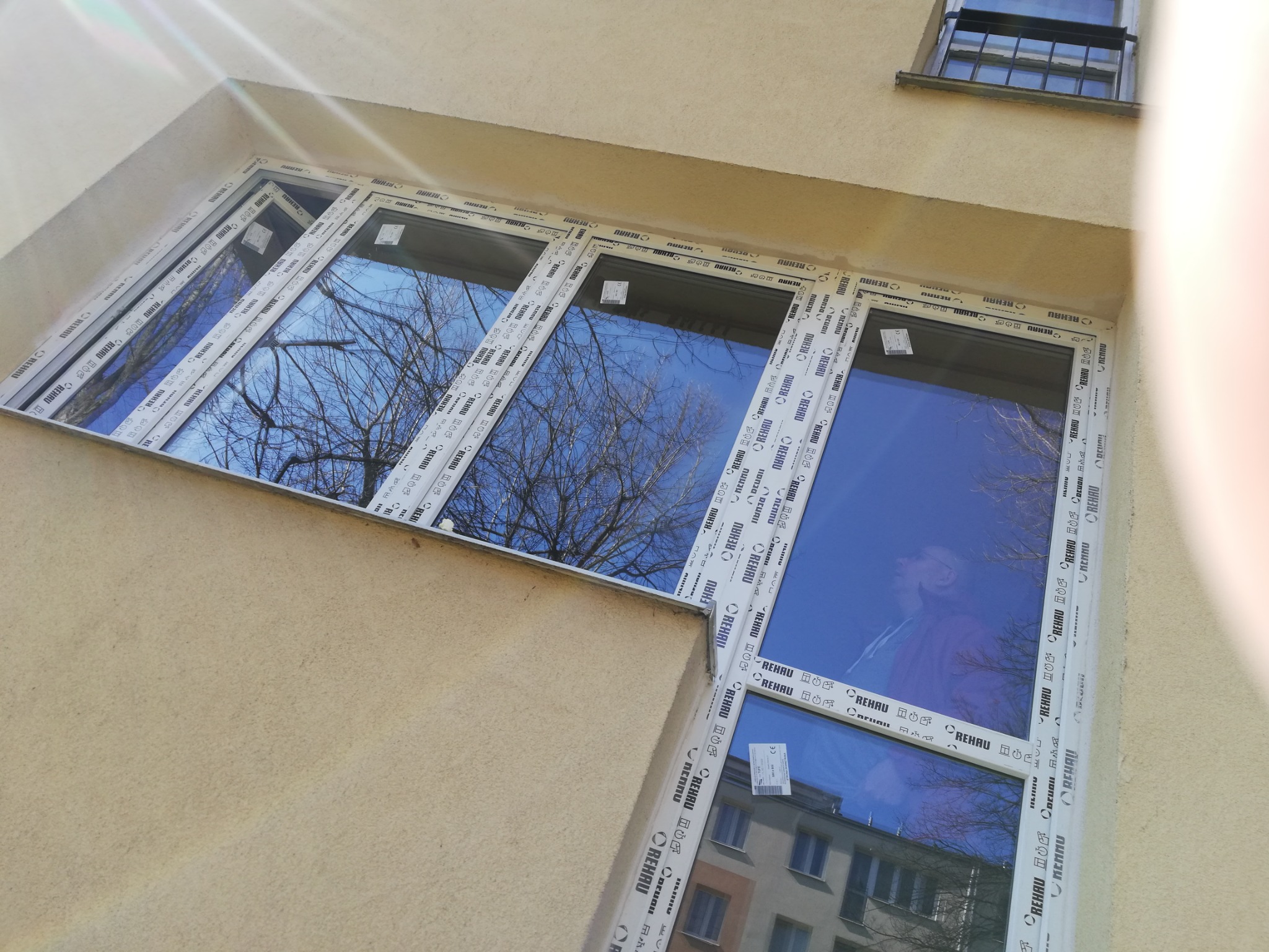 Nowe okna PCV marki Rehau, widok z dołu, z odblaskiem drzew i budynku w szybach, folia ochronna na ramach.