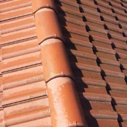 Czerwona dachówka ceramiczna, częściowo umyta, z widocznym brudem i mchem na nieumytych fragmentach, podczas czyszczenia pod ciśnieniem.