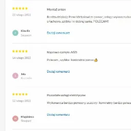 Zrzut ekranu z pozytywnymi opiniami klientów na temat usług naprawy sprzętu AGD i montażu anten, z widocznymi ocenami w postaci pięciu gwiazdek, datami wystawienia opinii oraz imionami...
