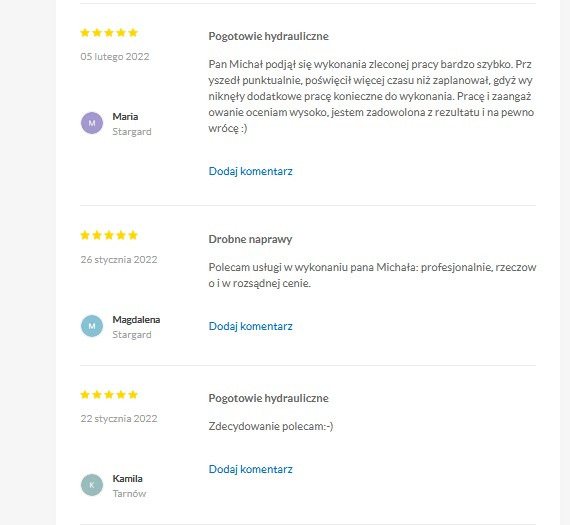 Zrzut ekranu z pozytywnymi opiniami klientów na temat usług hydraulicznych, w tym o pogotowiu hydraulicznym i drobnych naprawach, z datami, imionami i ocenami.