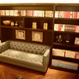 Salon z ciemną, zabudowaną biblioteczką wypełnioną książkami i dekoracjami, z szarym, pikowanym siedziskiem, drewnianą podłogą w jodełkę i elementami wystroju w stylu glamour.