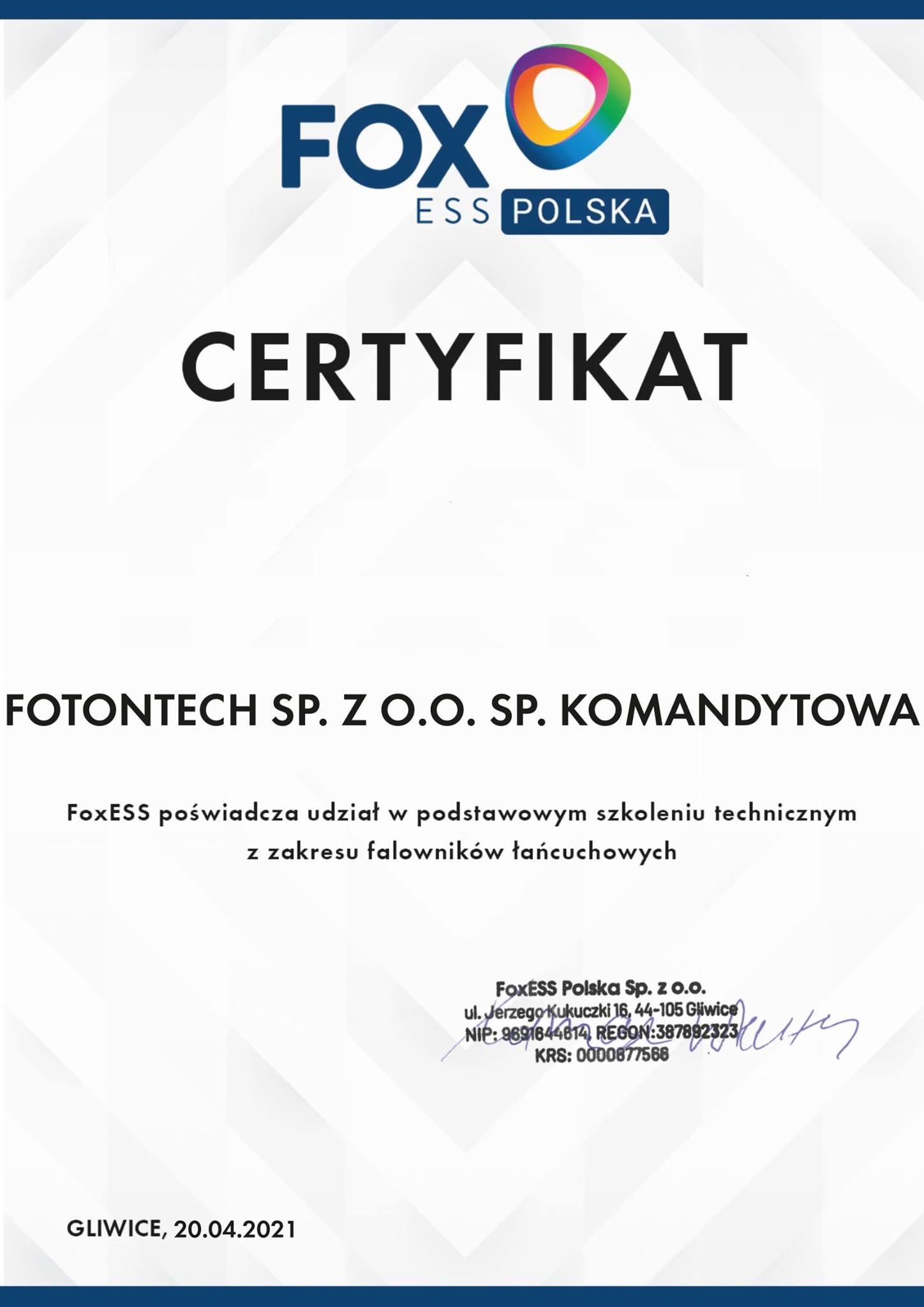 Skan certyfikatu firmy Fotontech SP. Z O.O. SP. Komandytowa, poświadczającego udział w szkoleniu technicznym z zakresu falowników łańcuchowych firmy FoxESS Polska Sp. z o.o.