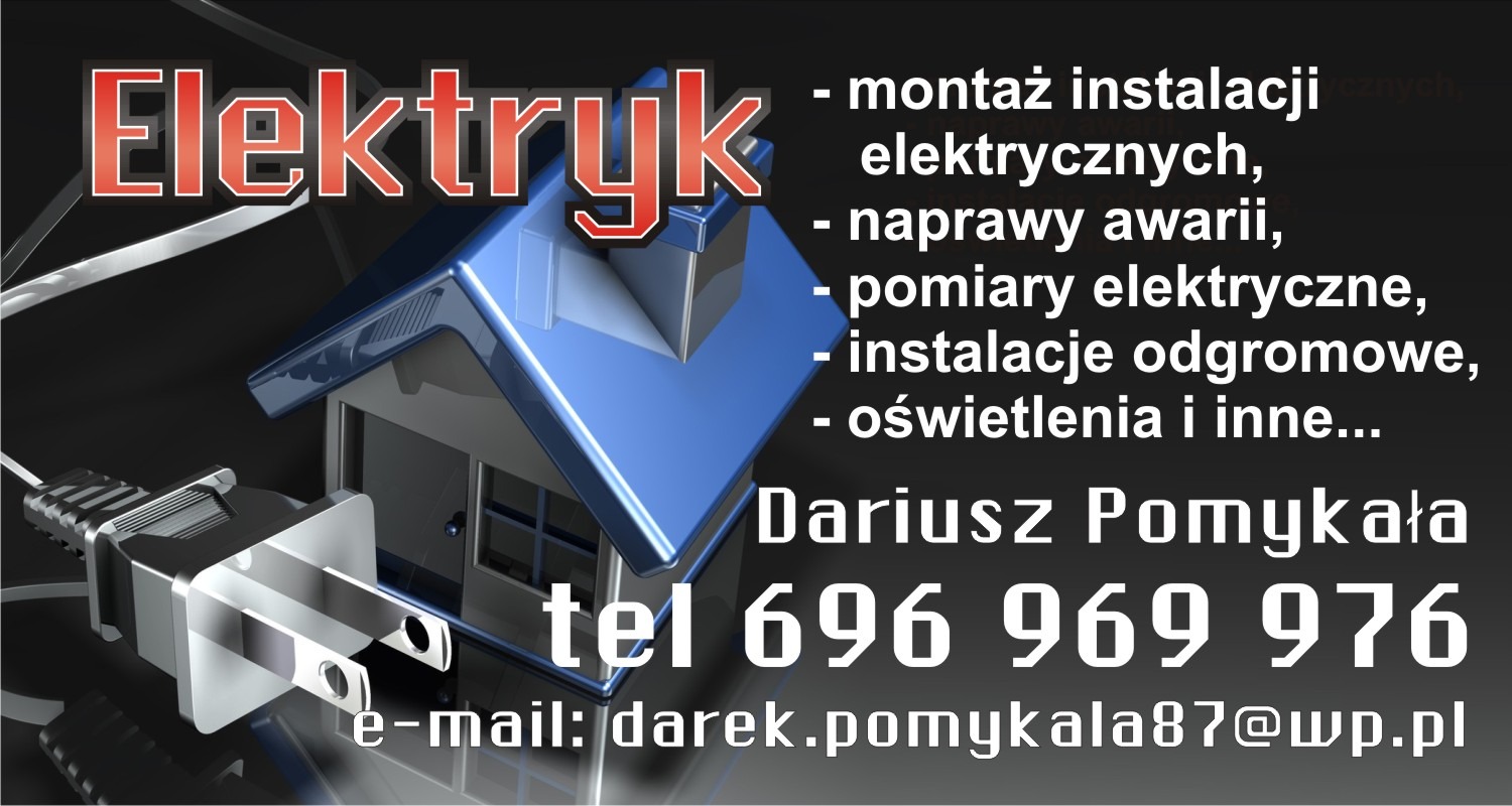 Grafika reklamowa firmy oferującej usługi elektryczne, prezentująca wtyczkę elektryczną, model domu i listę usług, w tym instalacje odgromowe.
