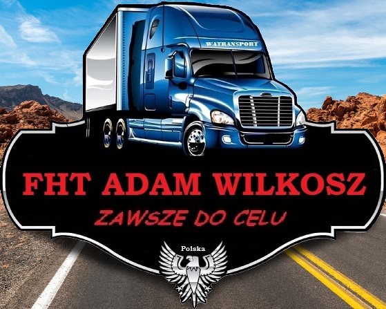 Grafika przedstawiająca niebieską ciężarówkę z naczepą na tle pustynnego krajobrazu, umieszczona na czarnym tle z napisem 'FHT ADAM WILKOSZ ZAWSZE DO CELU' oraz symbolem orła z napisem 'Polska'.
