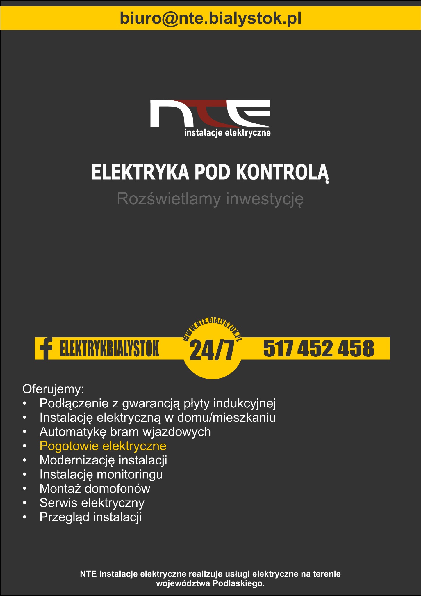 Grafika reklamowa firmy elektrycznej z Białegostoku, oferującej szeroki zakres usług, w tym podłączenie płyty indukcyjnej, instalacje elektryczne, automatykę bram wjazdowych i pogotowie elektryczne...